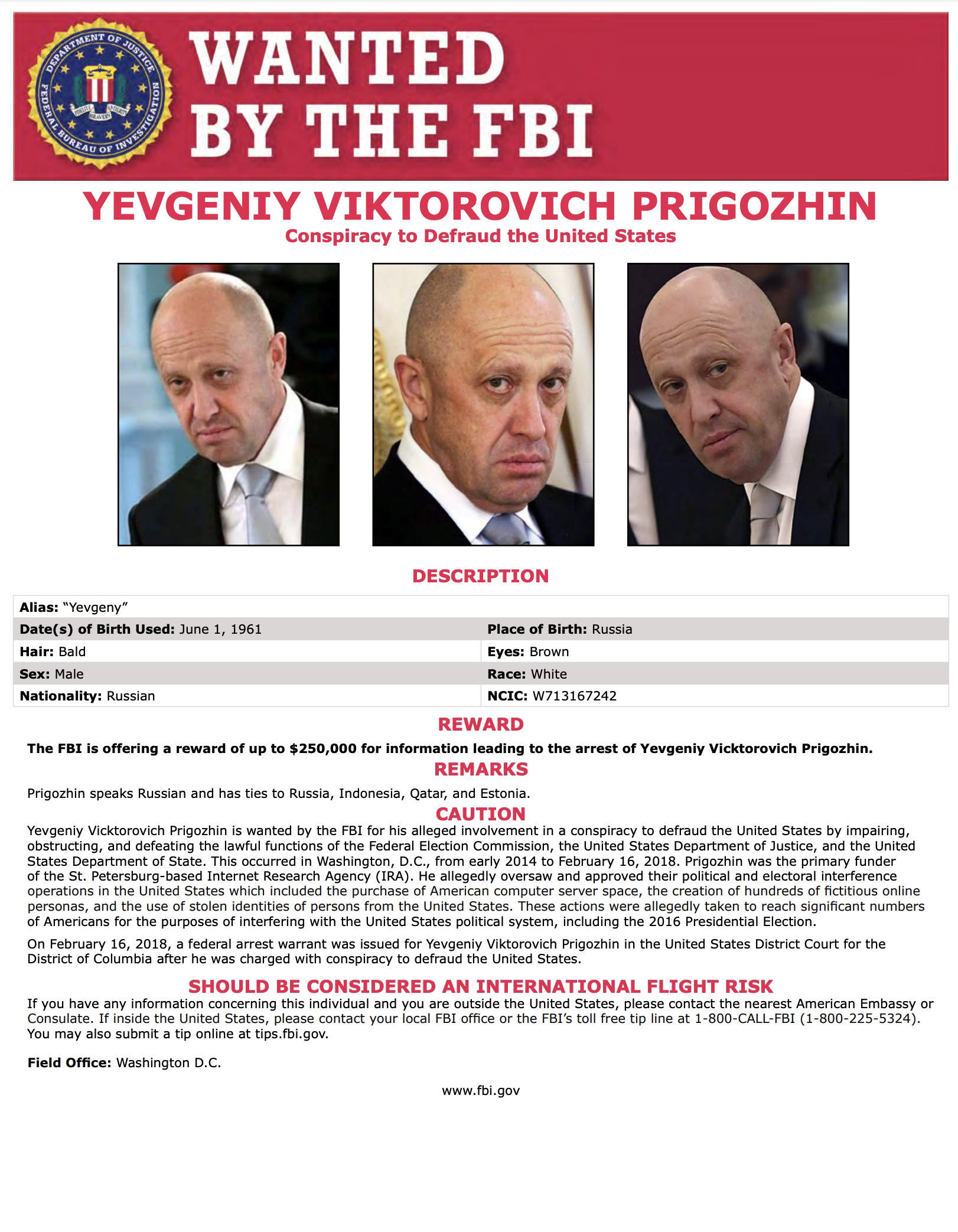Wanted by FBI: YEVGENIY VIKTOROVICH PRIGOZHIN